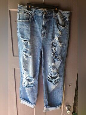 Risen Distressed Women's Blue Denim Jeans - Casual Ripped Style Size 15